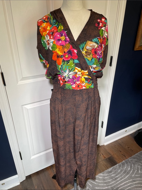Carole Little Pants - Vintage Carole Little Tropical Floral Wrap Top Pull On Cropped Pants Size Medium